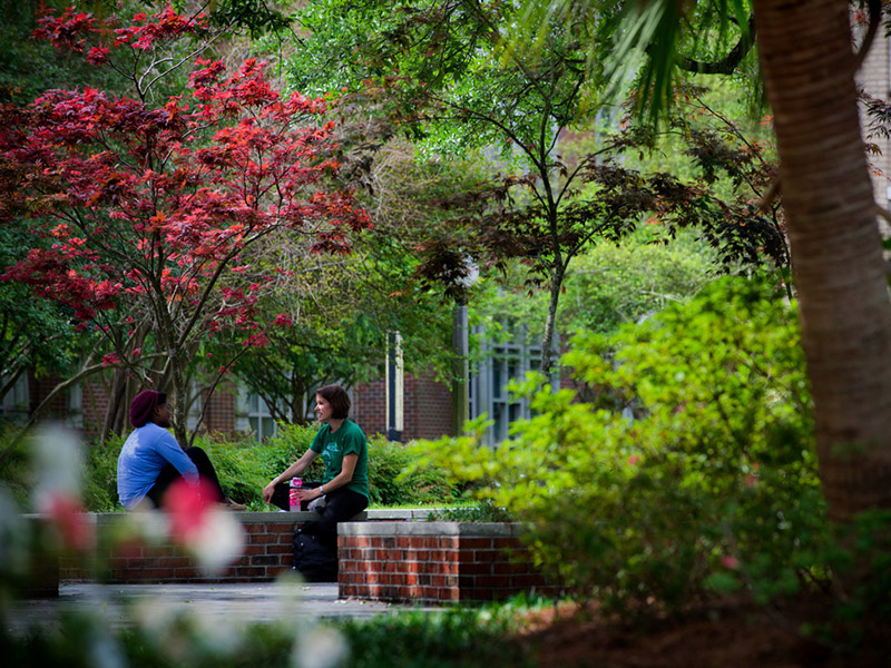 Two young women talk on a bench under brightly colored trees and new spring growth.