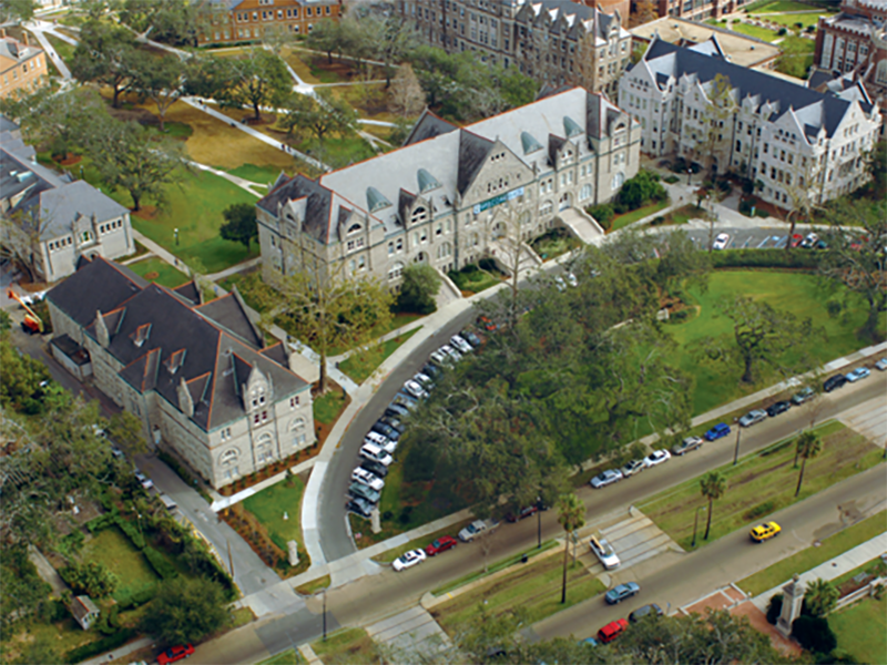 An aerial shot of the front of Tulane campus. 