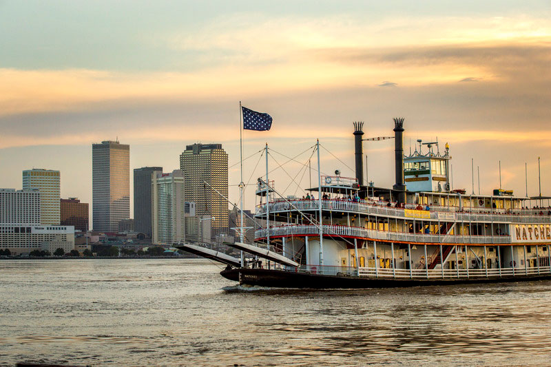 Steamboat Natchez on the Mississippi River at twilight