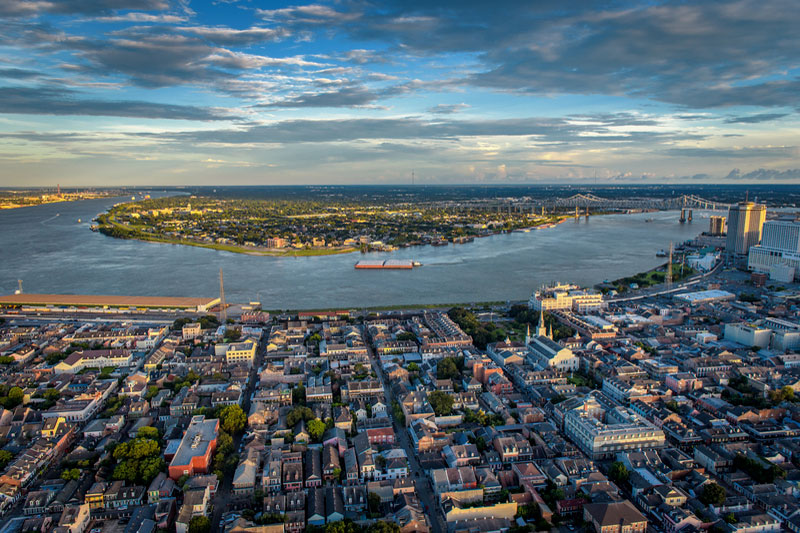 Aerial view of downtown New Orleans and the Mississippi River