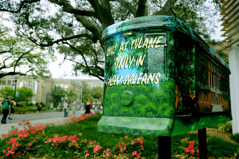 Only at Tulane, Only in New Orleans streetcar sculpture on the uptown campus