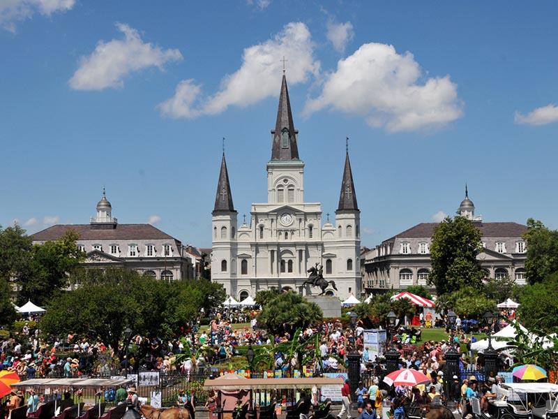 Crowds gather in Jackson Square during French Quarter Fest
