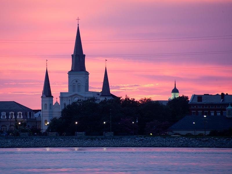 St. Louis Cathedral and a vibrant pink sunset