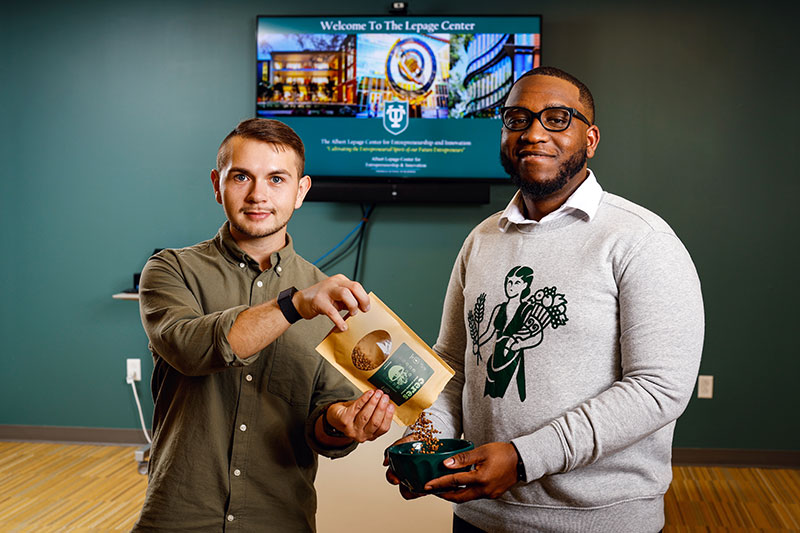 Tulane MBA student Rich Simmerman (MBA ’24), left, and Branson Morgan are the founders of Ceres Plant Protein Cereal, which is one of 13 national finalists in the AWS University Startup Competition.