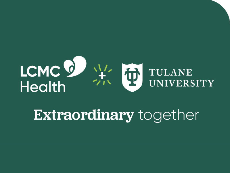 LCMC Health and Tulane University Logos on a green background. 