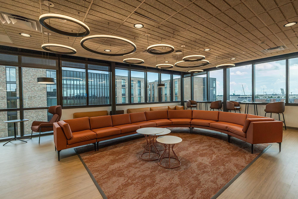 lounge area with city views in new residence hall