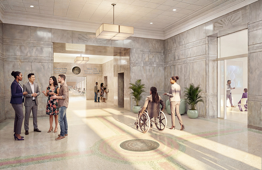 Rendering of a modernized lobby inside the former Charity Hospital