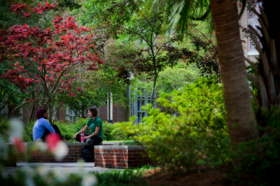 A pair of students converses in a pretty spot on campus.