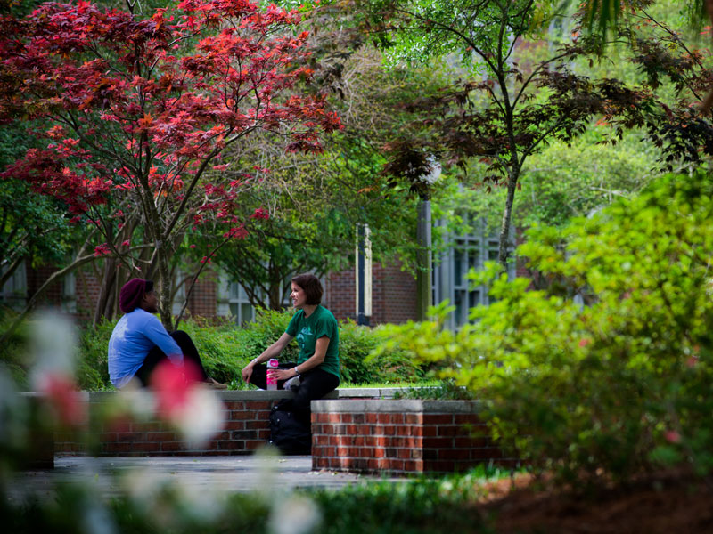 Two students having a conversation on campus