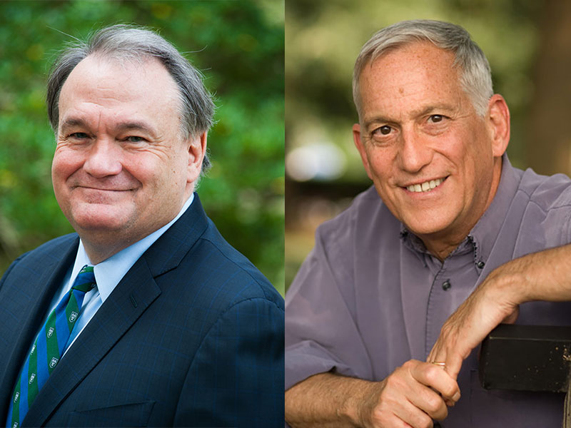 Headshots of President Fitts and Walter Isaacson
