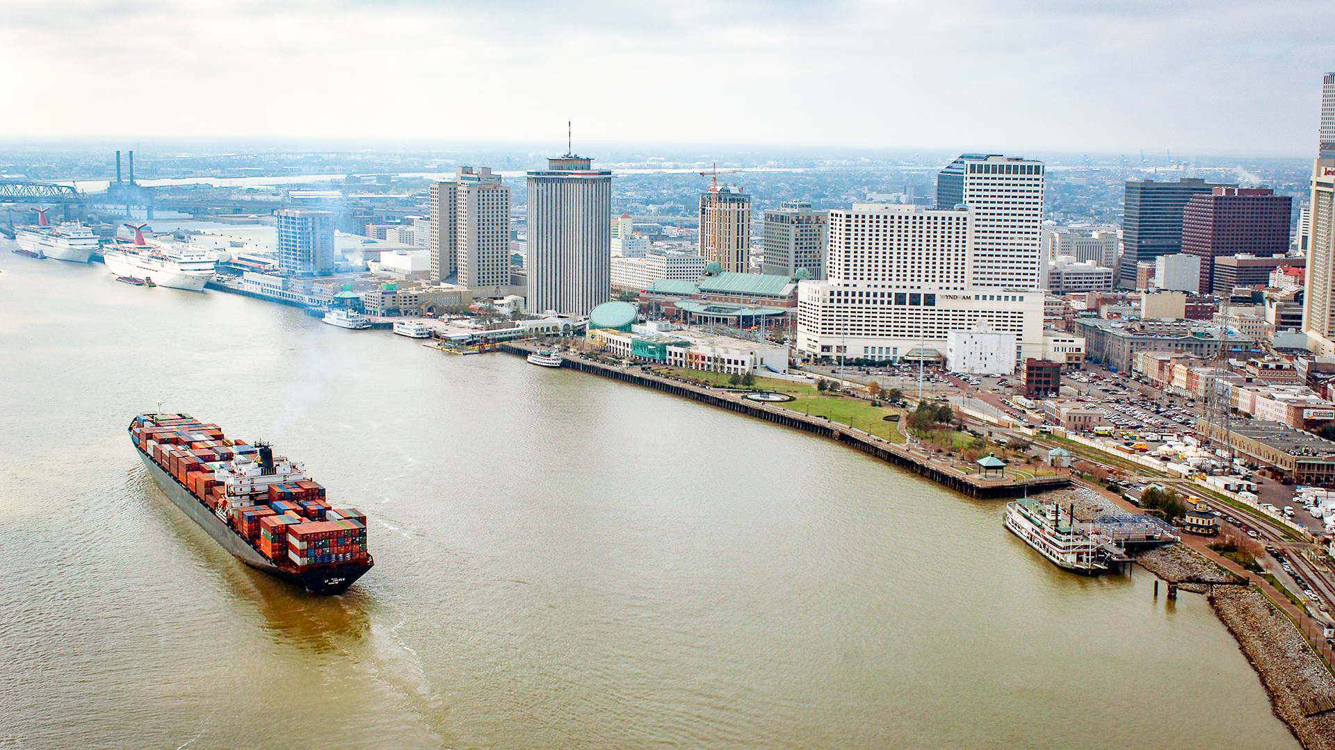 Aerial view of a container ship on the Mississippi River