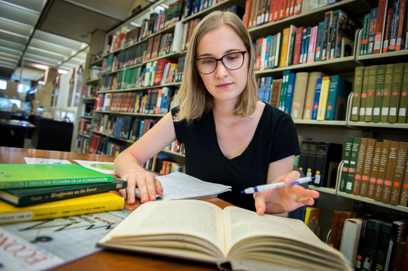 Student working in library at desk