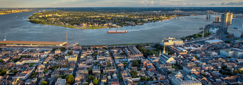 Aerial view of the Mississippi River and French Quarter in New Orleans