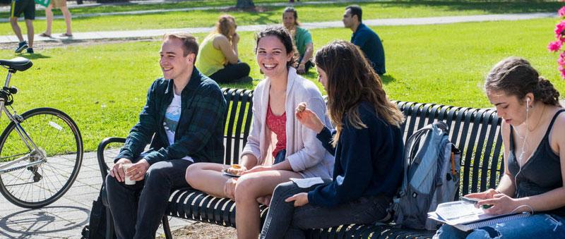 Campus friends sitting on bench